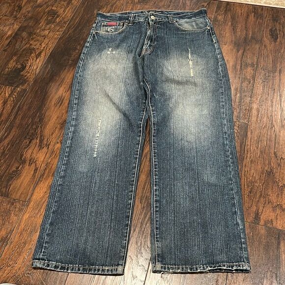drunknmunky Mens jeans Blue Denim Size 34 x 32 distressed in EUC - Picture 1 of 9